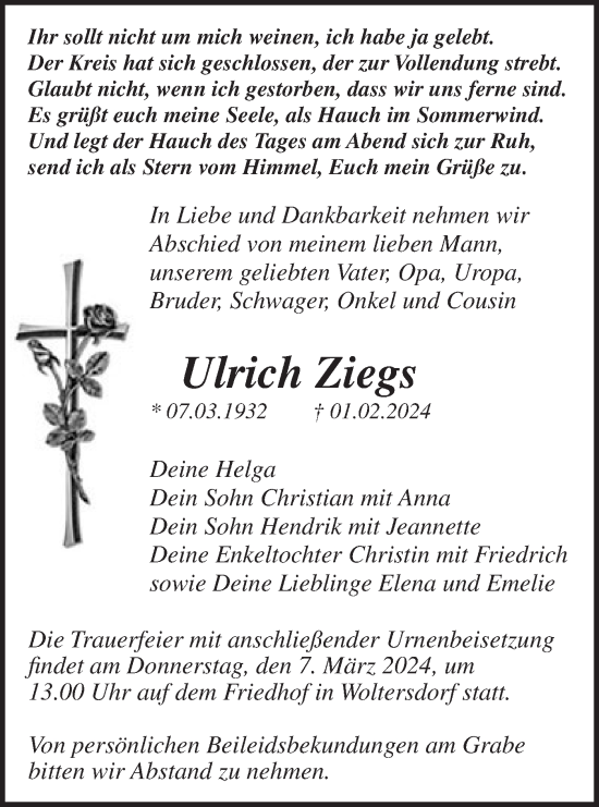 Traueranzeige von Ulrich Ziegs von Märkische Oderzeitung