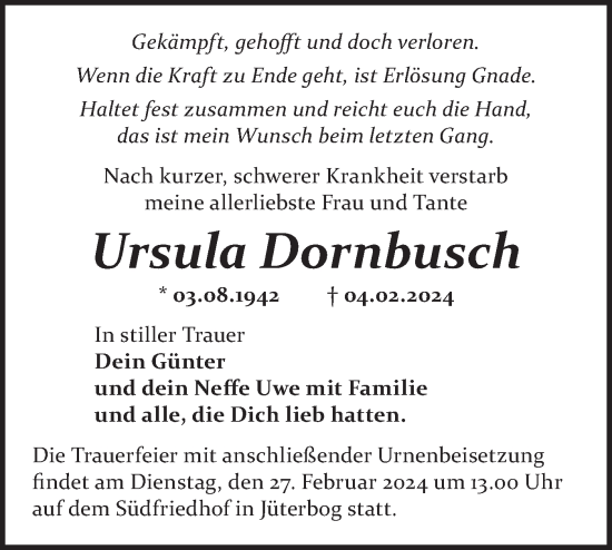 Traueranzeige von Ursula Dornbusch von Märkische Oderzeitung