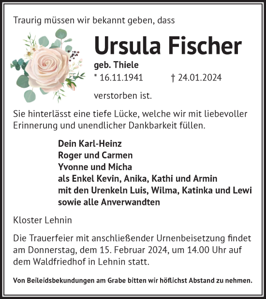 Traueranzeige von Ursula Fischer von Märkische Oderzeitung