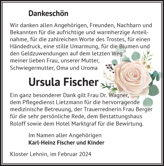 Traueranzeige von Ursula Fischer von Märkische Oderzeitung