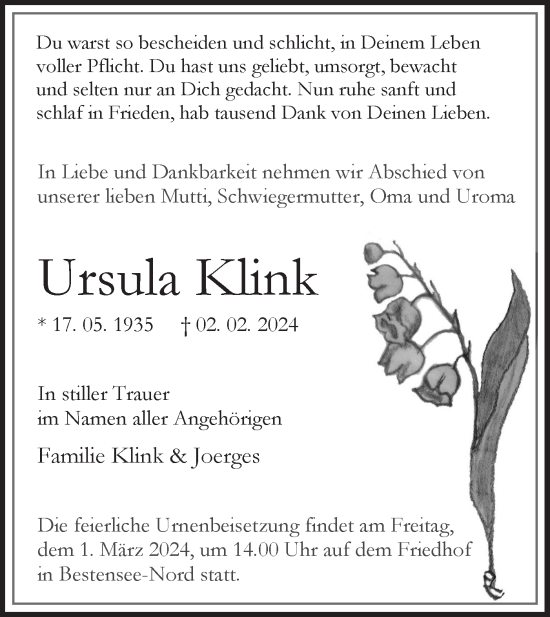 Traueranzeige von Ursula Klink von Märkische Oderzeitung