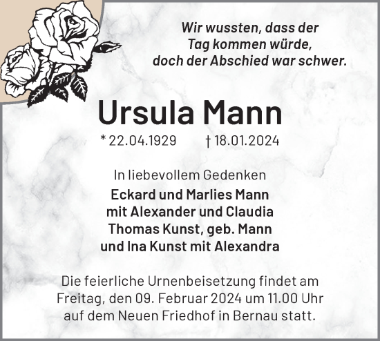 Traueranzeige von Ursula Mann von Märkische Oderzeitung