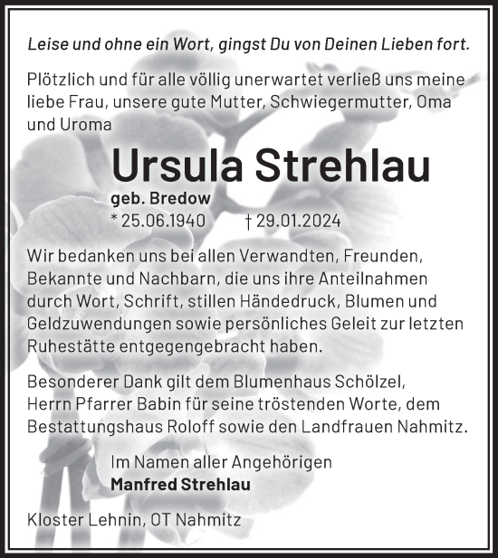 Traueranzeige von Ursula Strehlau von Märkische Oderzeitung