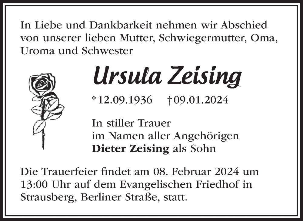  Traueranzeige für Ursula Zeising vom 03.02.2024 aus Märkische Oderzeitung