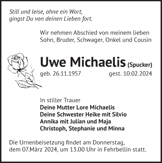 Traueranzeige von Uwe Michaelis von Märkische Oderzeitung
