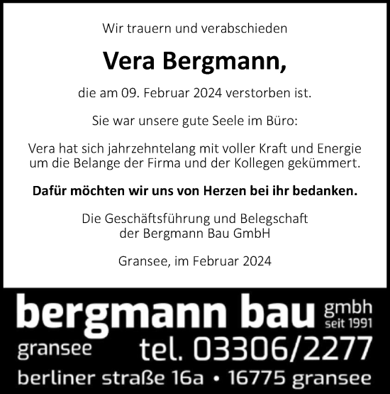 Traueranzeige von Vera Bergmann von Märkische Oderzeitung