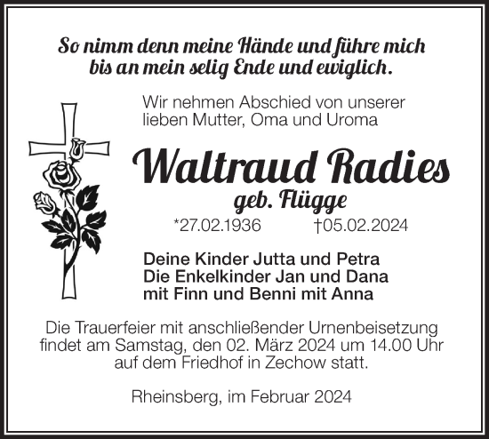 Traueranzeige von Waltraud Radies von Märkische Oderzeitung