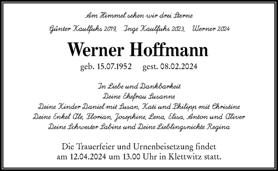 Traueranzeige von Werner Hoffmann von Märkische Oderzeitung