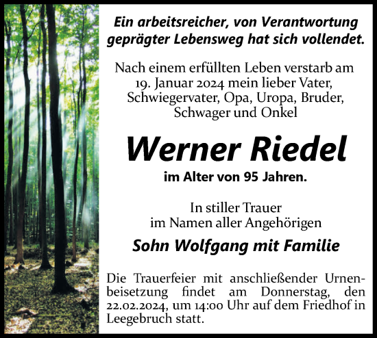 Traueranzeige von Werner Riedel von Märkische Oderzeitung