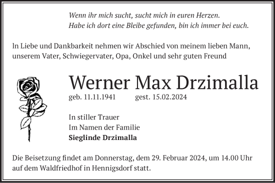 Traueranzeige von Werner Max Drzimalla von Märkische Oderzeitung