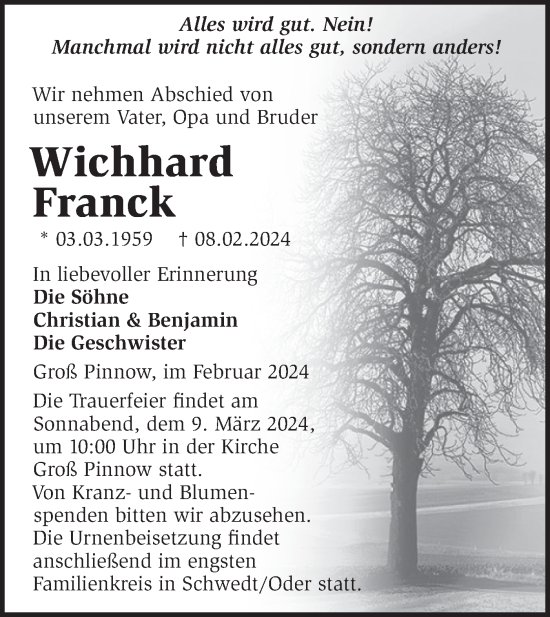 Traueranzeige von Wichhard Franck von Märkische Oderzeitung