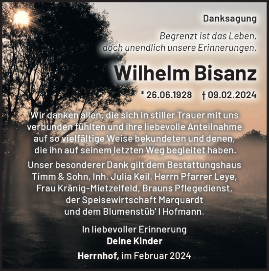 Traueranzeige von Wilhelm Bisanz von Märkische Oderzeitung