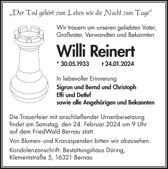 Traueranzeige von Willi Reinert von Märkische Oderzeitung