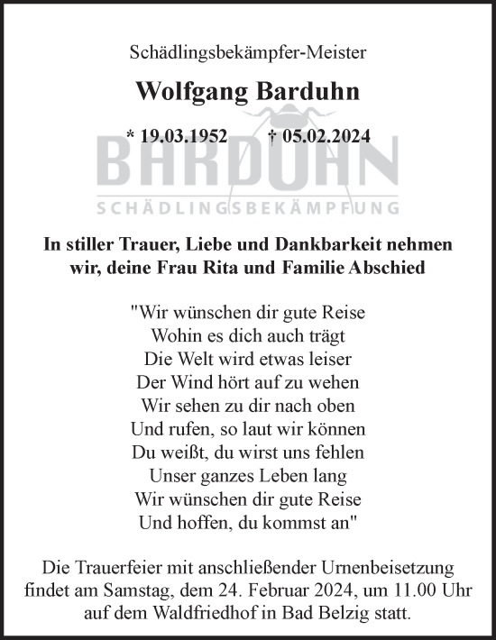 Traueranzeige von Wolfgang Barduhn von Märkische Oderzeitung