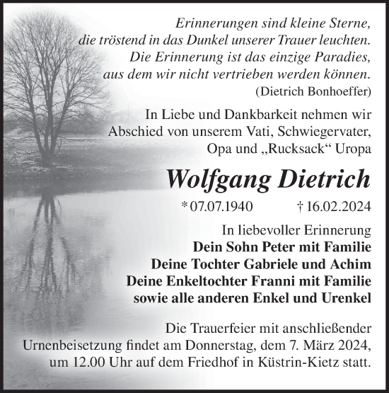 Traueranzeige von Wolfgang Dietrich von Märkische Oderzeitung