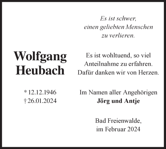 Traueranzeige von Wolfgang Heubach von Märkische Oderzeitung