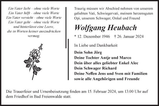 Traueranzeige von Wolfgang Heubach von Märkische Oderzeitung