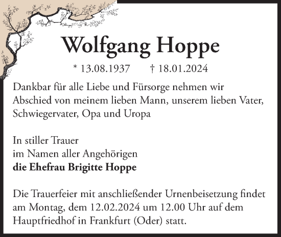 Traueranzeige von Wolfgang Hoppe von Märkische Oderzeitung