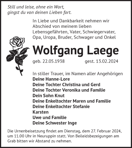 Traueranzeige von Wolfgang Laege von Märkische Oderzeitung