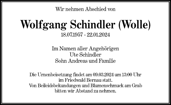 Traueranzeige von Wolfgang Schindler von Märkische Oderzeitung