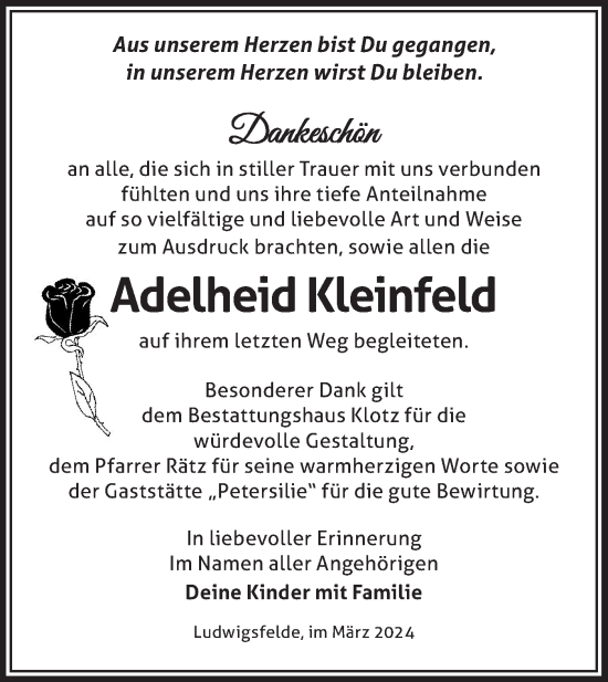 Traueranzeige von Adelheid Kleinfeld von Märkische Oderzeitung