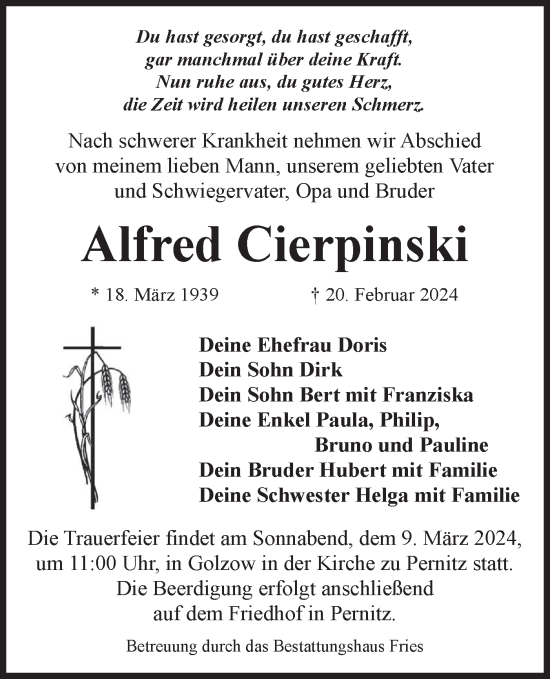 Traueranzeige von Alfred Cierpinski von Märkische Oderzeitung
