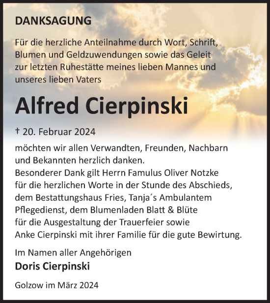 Traueranzeige von Alfred Cierpinski von Märkische Oderzeitung