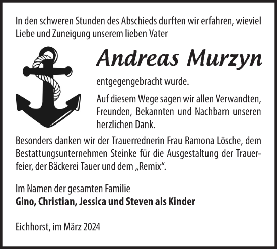 Traueranzeige von Andreas Murzyn von Märkische Oderzeitung