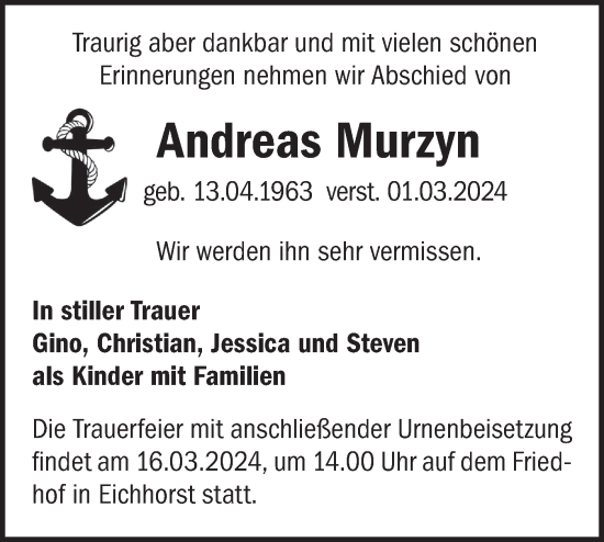 Traueranzeige von Andreas Murzyn von Märkische Oderzeitung