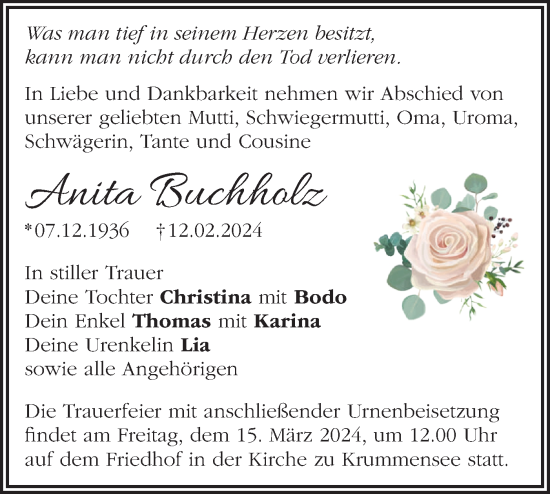 Traueranzeige von Anita Buchholz von Märkische Oderzeitung