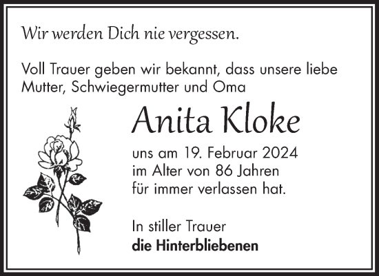 Traueranzeige von Anita Kloke von Märkische Oderzeitung