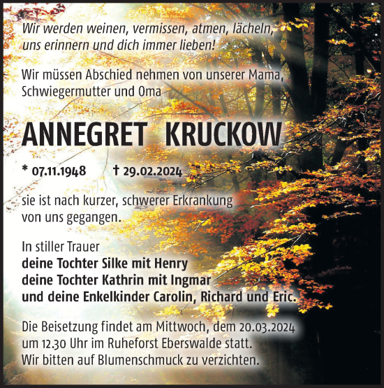 Traueranzeige von Annegret Kruckow von Märkische Oderzeitung