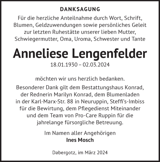 Traueranzeige von Anneliese Lengenfelder von Märkische Oderzeitung