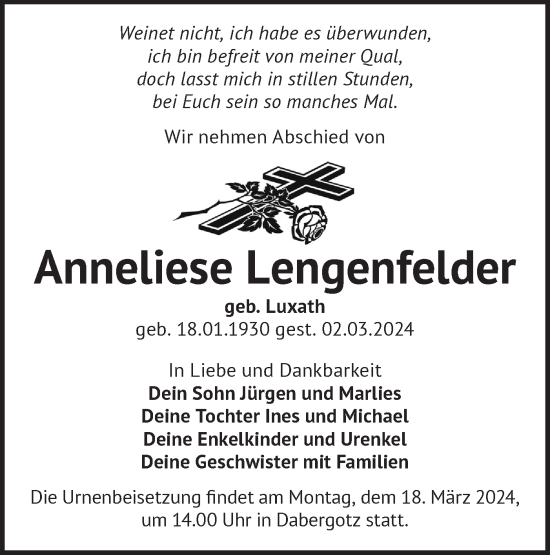 Traueranzeige von Anneliese Lengenfelder von Märkische Oderzeitung
