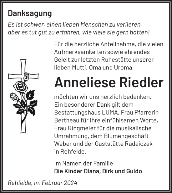 Traueranzeige von Anneliese Riedler von Märkische Oderzeitung
