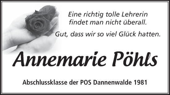 Traueranzeige von Annemarie Pöhls von Märkische Oderzeitung