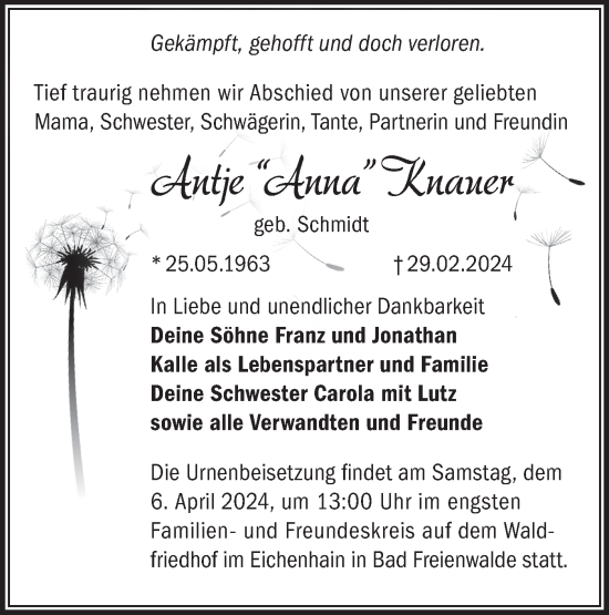 Traueranzeige von Antje Knauer von Märkische Oderzeitung