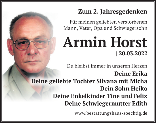 Traueranzeige von Armin Horst von Märkische Oderzeitung