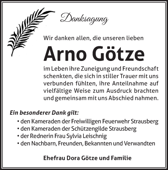 Traueranzeige von Arno Götze von Märkische Oderzeitung