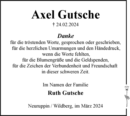 Traueranzeige von Axel Gutsche von Märkische Oderzeitung