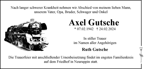 Traueranzeige von Axel Gutsche von Märkische Oderzeitung