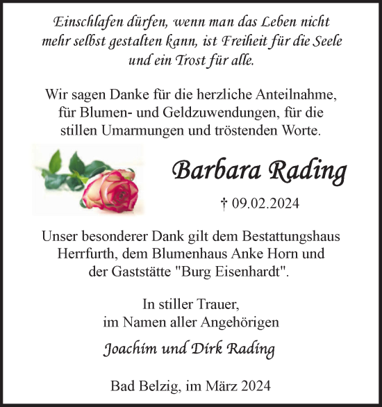 Traueranzeige von Barbara Rading von Märkische Oderzeitung