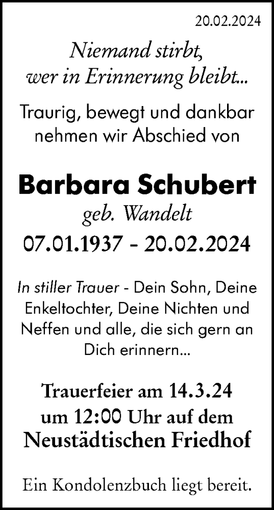 Traueranzeige von Barbara Schubert von Märkische Oderzeitung