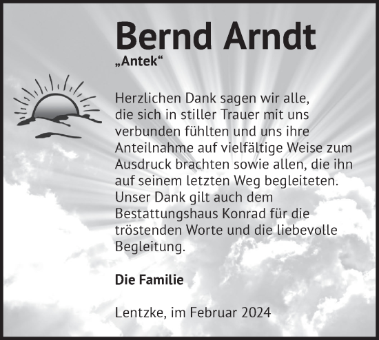 Traueranzeige von Bernd Arndt von Märkische Oderzeitung