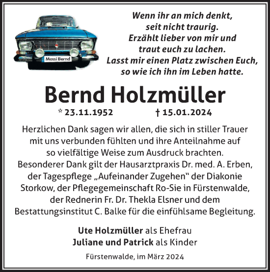 Traueranzeige von Bernd Holzmüller von Märkische Oderzeitung