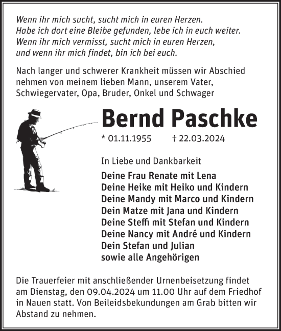 Traueranzeige von Bernd Paschke von Märkische Oderzeitung