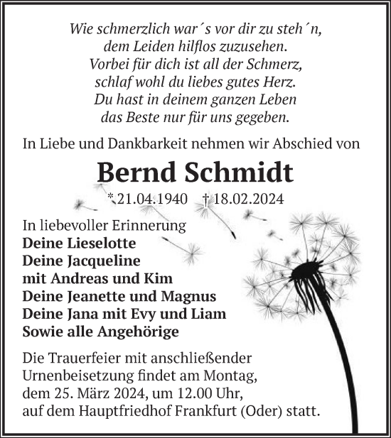 Traueranzeige von Bernd Schmidt von Märkische Oderzeitung