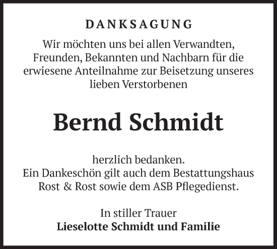 Traueranzeige von Bernd Schmidt von Märkische Oderzeitung
