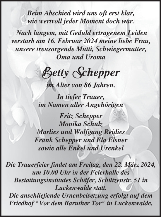 Traueranzeige von Betty Schepper von Märkische Oderzeitung