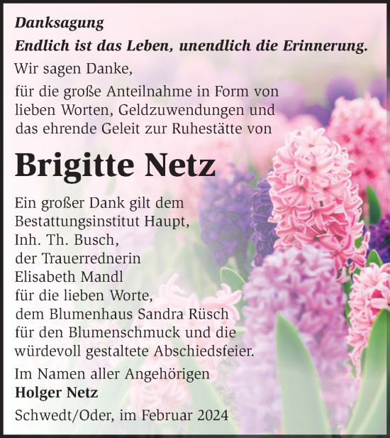 Traueranzeige von Brigitte Netz von Märkische Oderzeitung